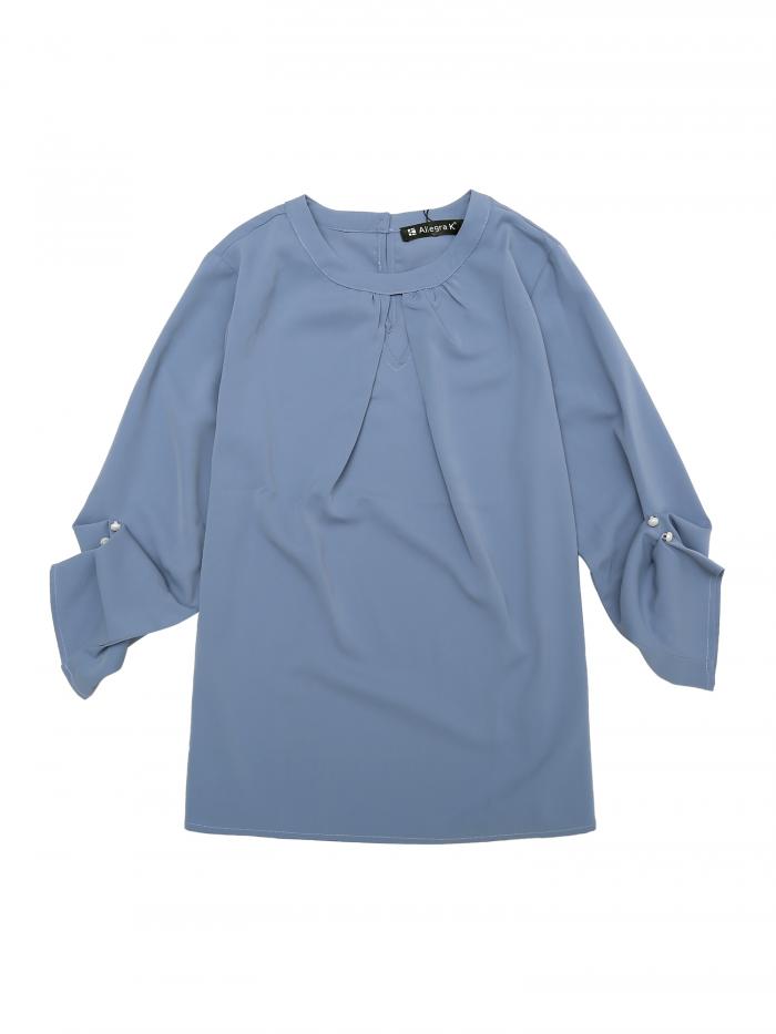 Allegra K オフィス ブラウス トップス プリーツ シャーリング 七分袖 無地 レディース グレーブルー L