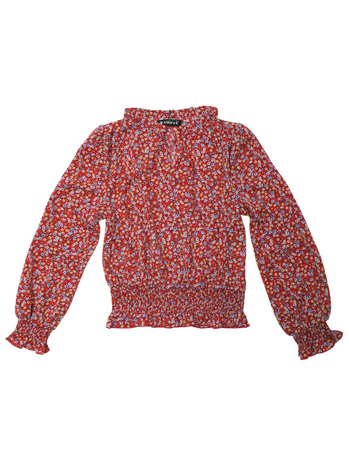 Allegra K 花柄 ブラウス ボウタイ フリル ペプラム スモック パフスリーブ 長袖 レディース 赤 S