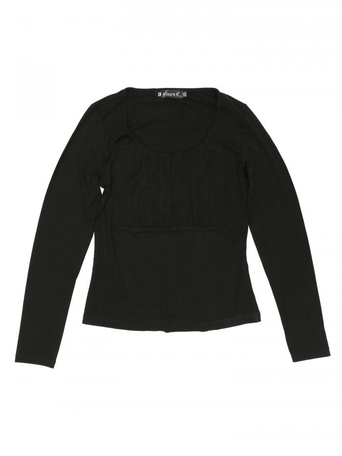 Allegra K ベーシックトップス 無地 ブラウス シャーリング スクープネック 長袖 レディース ブラック XS