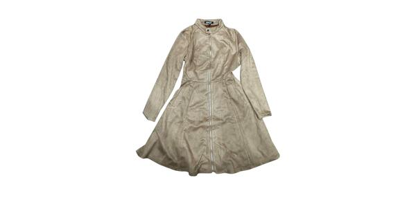 Allegra K 長袖 ドレス ワンピース フェイクスエード スタンドカラー ジップアップ ベルト付き 冠婚葬祭 レディース カーキ L