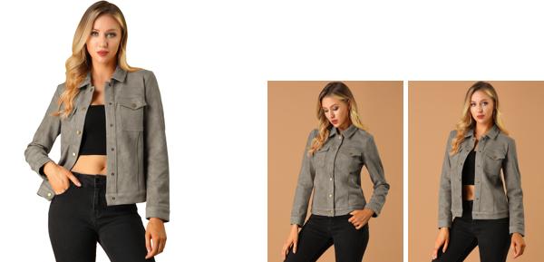 Allegra K ジャケット フェイクスエード ターンダウンカラー スナップボタン カーキ S