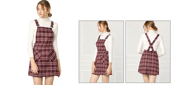 Allegra K サスペンダースカート サロペット オーバーオール スカート Aライン チェック柄 レディース レッド M