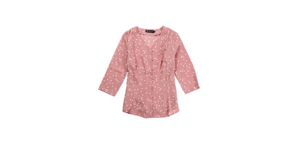 Allegra K 水玉 ブラウストップス Vネック 七分袖 カジュアル 前ボタン 薄手 レディース ピンク M