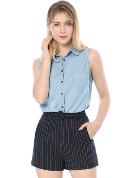 ソウテン Allegra K シャツ レディース シングルブレスト ポイントカラー ノースリーブ デニム スカイブルー XL