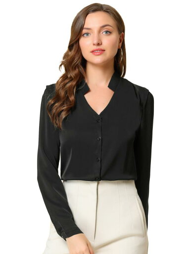 Allegra K シフォンブラウス シャツ Vネック ワーク オフィス ボタンアップ エレガント レディース ブラック M Allegra K シフォンブラウス シャツ Vネック ワーク オフィス ボタンアップ エレガント レディース ブラック M