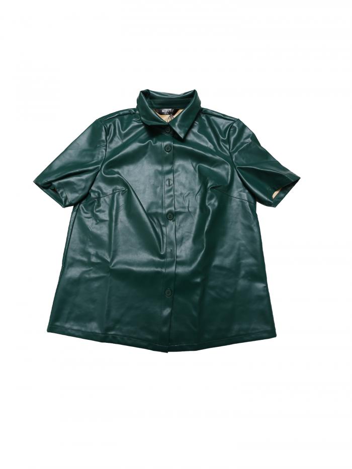 Allegra K PUレザーボタンダウンシャツ レディース 半袖 カラーブラウス ジャケット パーティークラブトップス ディープグリーン XL