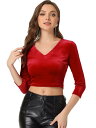 Allegra K ベルベットブラウス 衣装 クロップトップ Vネックシャツ 七分袖 無地 レディース レッド M(4)