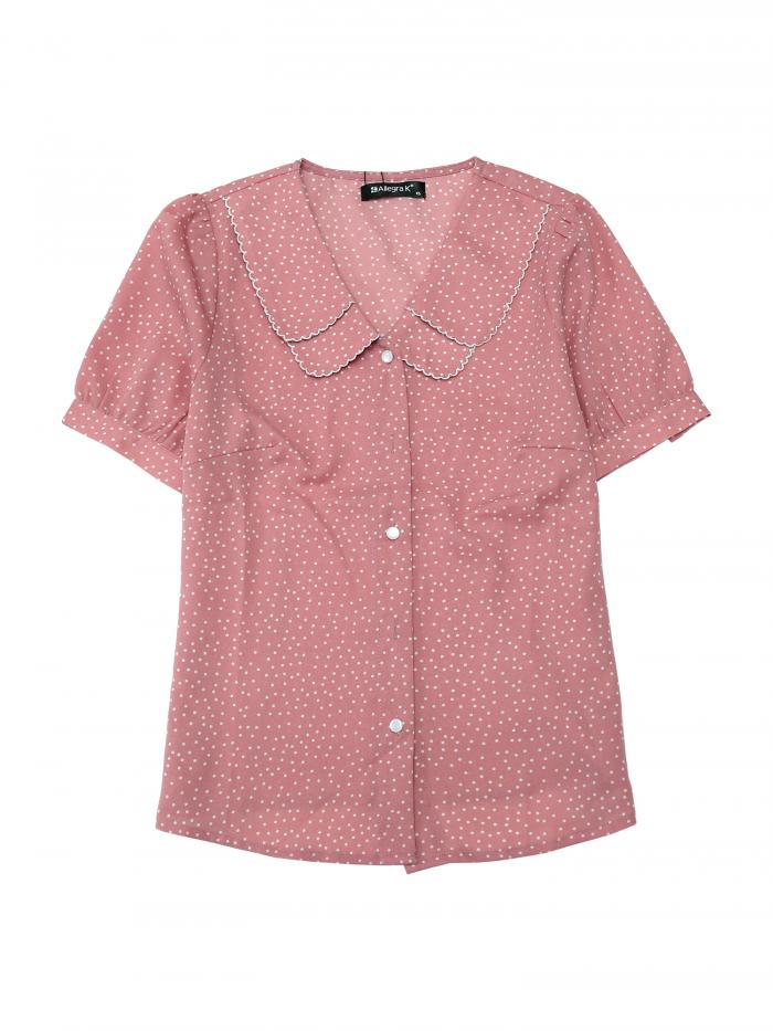 Allegra K 水玉 シャツ トップス ピーターパンカラー パフスリーブ 半袖 ヴィンテージ レディース ピンク M