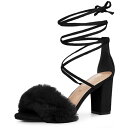 Allegra K フェイクファー レースアップサンダル ストラップ チャンキーヒール レディース ブラック 24.5 cm(4)