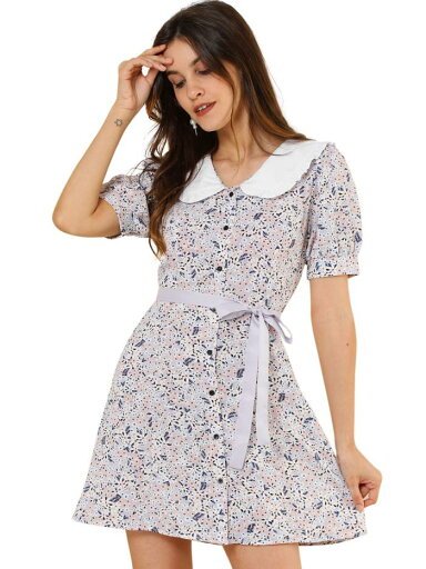Allegra K シャツワンピース ドレス フリル ボウタイ ボタンダウン フレア 半袖 レディース パープル XS Allegra K シャツワンピース ドレス フリル ボウタイ ボタンダウン フレア 半袖 レディース パープル XS