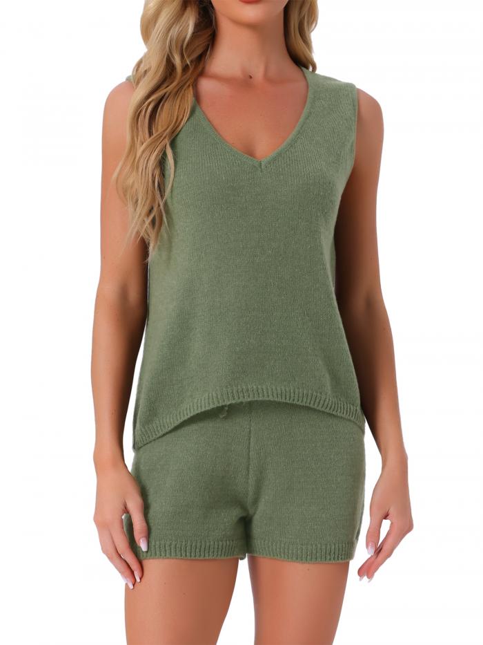 cheibear レディース ラウンジセット ストライプ タンクトップとショーツ Vネック ニット パジャマセット PJセット ダーク緑 S