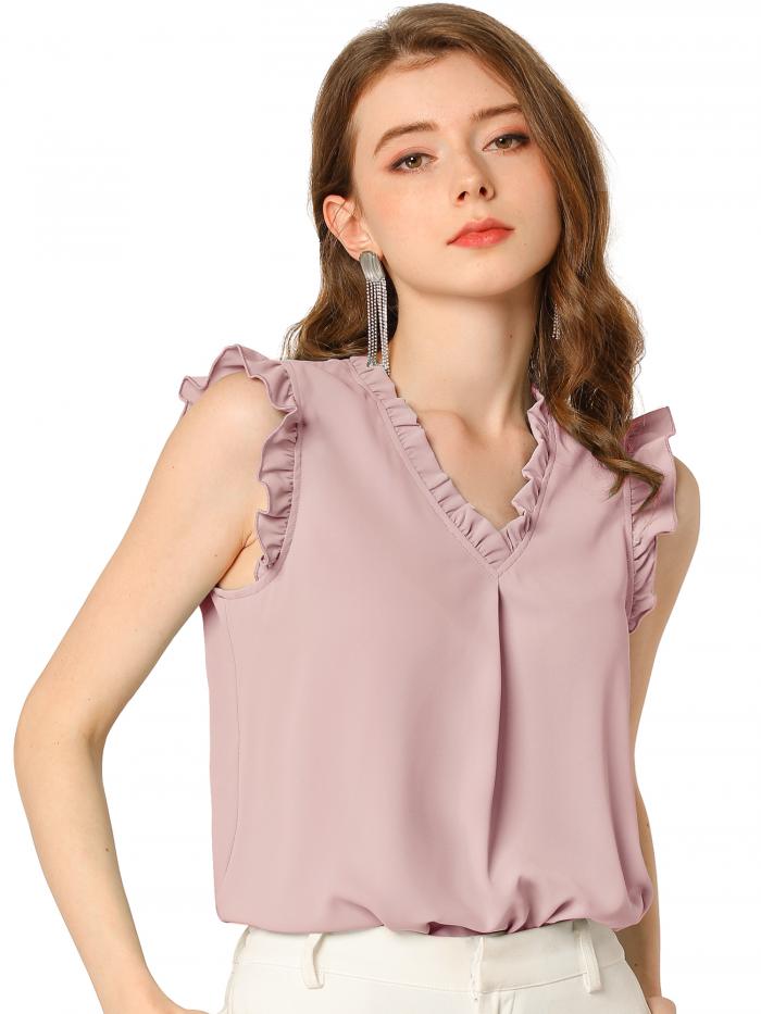 Allegra K フリルブラウス トップス ノースリーブ Vネック 無地 オフィス カジュアル レディース ピンク XL