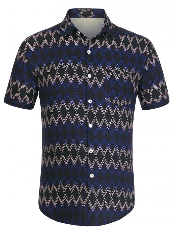 ソウテン Lars Amadeus ビーチシャツ サマー カラーブロックトップス ボタンダウン レギュラーフィット 半袖 メンズ ブルー S