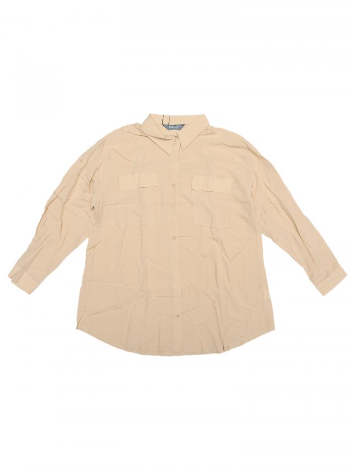Allegra K レディース ボタンダウンシャツ ルーズポイントカラー ロールアップ 長袖 シャツ トップス ベージュ S