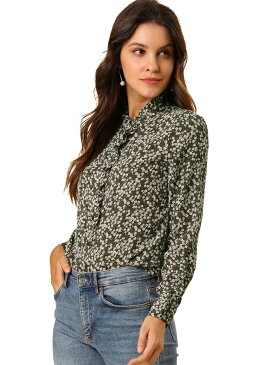 ソウテン Allegra K ボタンアップ シャツ 花柄 フリルブラウス スタンドカラー 立ち襟 長袖 レディース ブラウン L