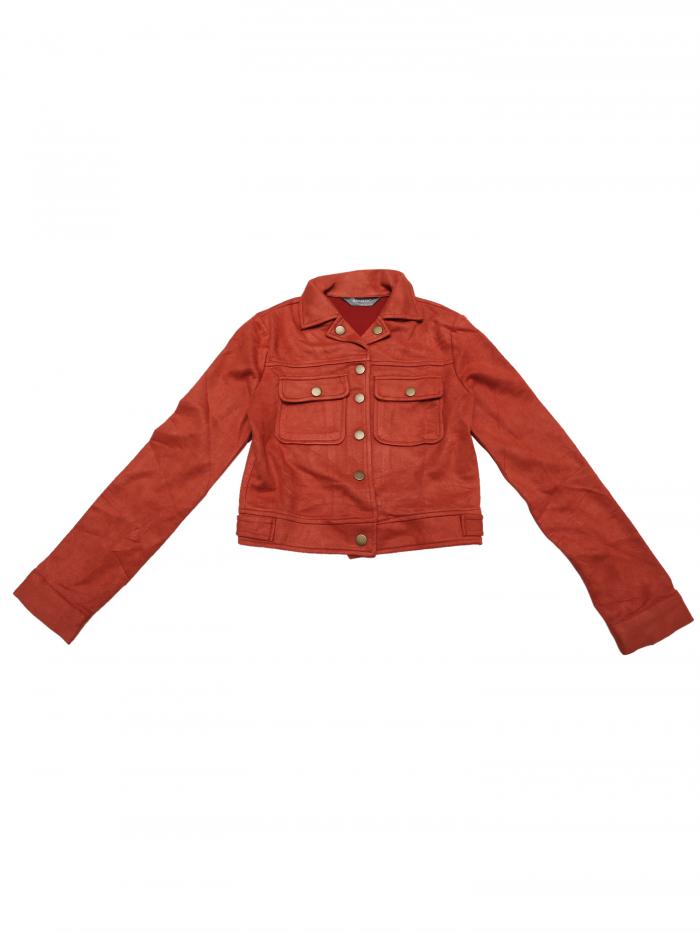 Allegra K クロップド ジャケット フェイクスエード 折襟 ボタンポケット付 無地 レディース ブラウンレッド S