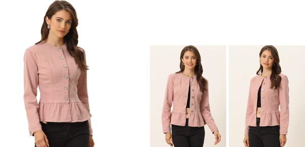 Allegra K ペプラムジャケット デニム ロップド ボタンダウン 裾フリル レディース ダスティピンク S