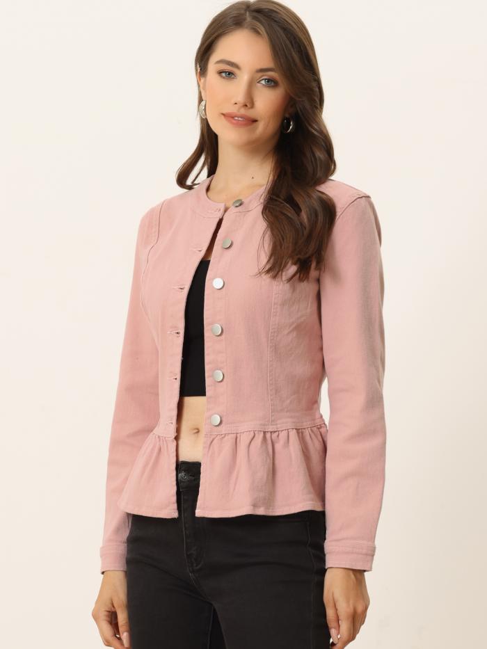 Allegra K ペプラムジャケット デニム ロップド ボタンダウン 裾フリル レディース ダスティピンク S