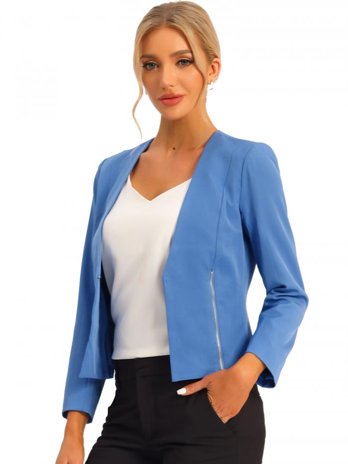 Allegra K クロップド ブレザー ノーカラージャケット 前開き オフィス 事務服 ジッパー レディース ブルー S
