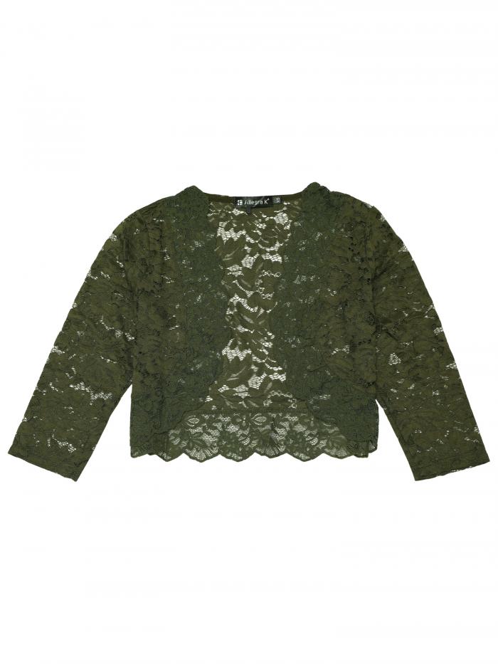 Allegra K レースボレロ 総レース シアー 花柄 シュラグ トップス 七分袖 前開き エレガント レディース オリーブグリーン S