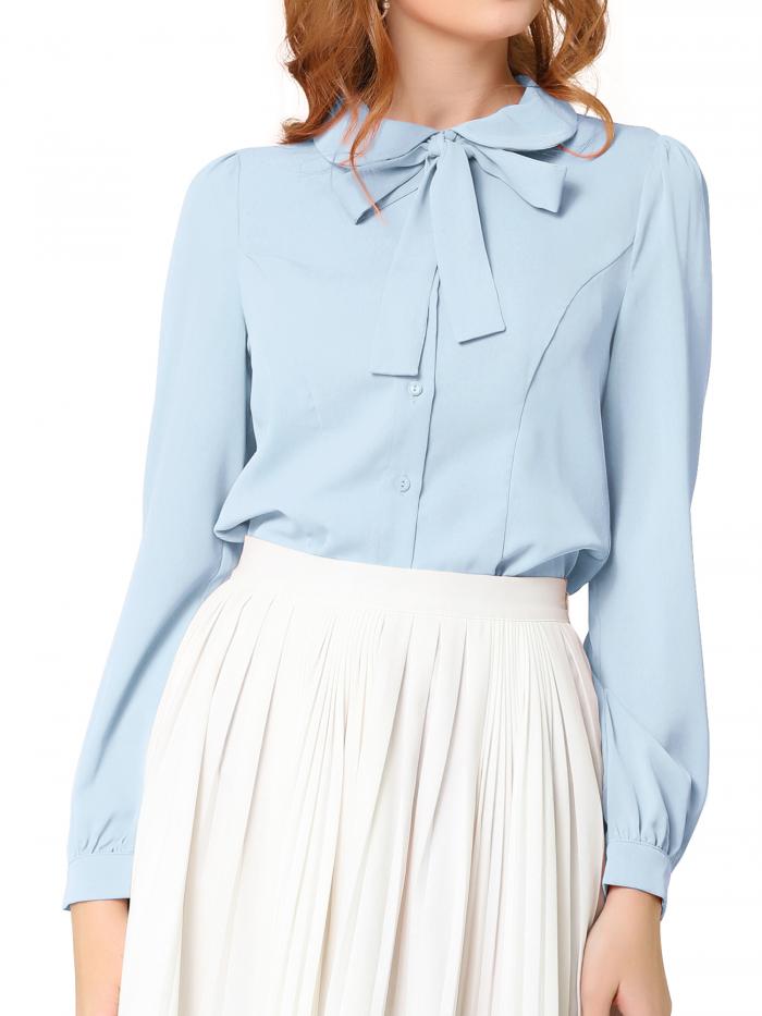 Allegra K リボン ブラウス 丸襟 ボウタイ 蝶ネクタイ 白 シャツ 長袖 事務服 オフィス レディース ライトブルー L