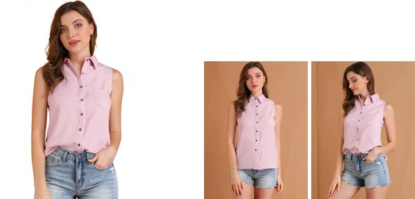 Allegra K シャツ レディース シングルブレスト ポイントカラー ノースリーブ デニム ピンク L