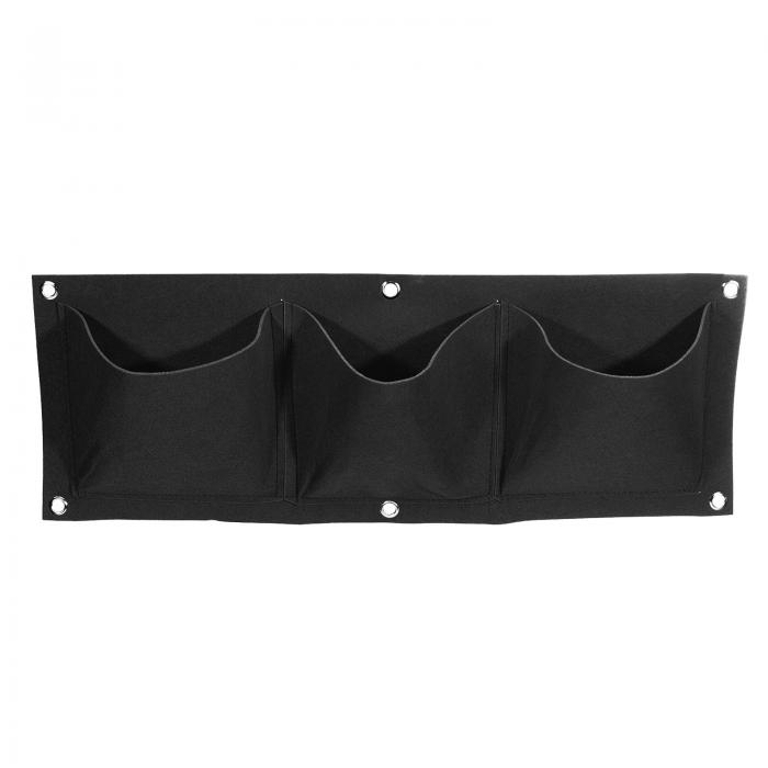 縦吊りグローバッグ 3ポケット付き 壁掛け フェルト生地 植木鉢バッグ 植物の容器 庭 家 装飾用 ブラック