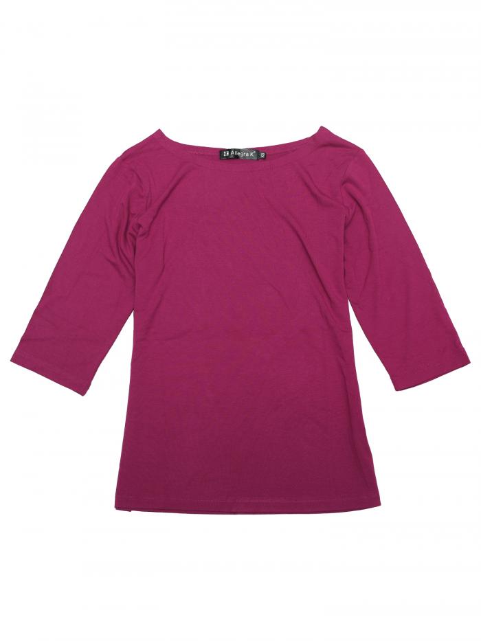 Allegra K スリム Tシャツ ハーフスリーブ ラウンドネック 丸首 無地 レディース フクシア L