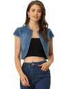Allegra K クロップジャケット デニムカーディガン スリムフィット キャップスリーブ レディース ブルー S