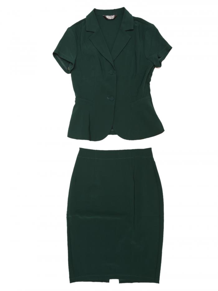 Allegra K ビジネススーツ 半袖ブレザー ジャケット ペンシルスカート 通勤 ボタン 無地 2点セット 夏 レディース ダークグリーン L