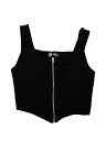Allegra K クロップトップス キャミトップス タンクトップス スクエアネック 非対称裾 ジップフロント レディース ブラック M