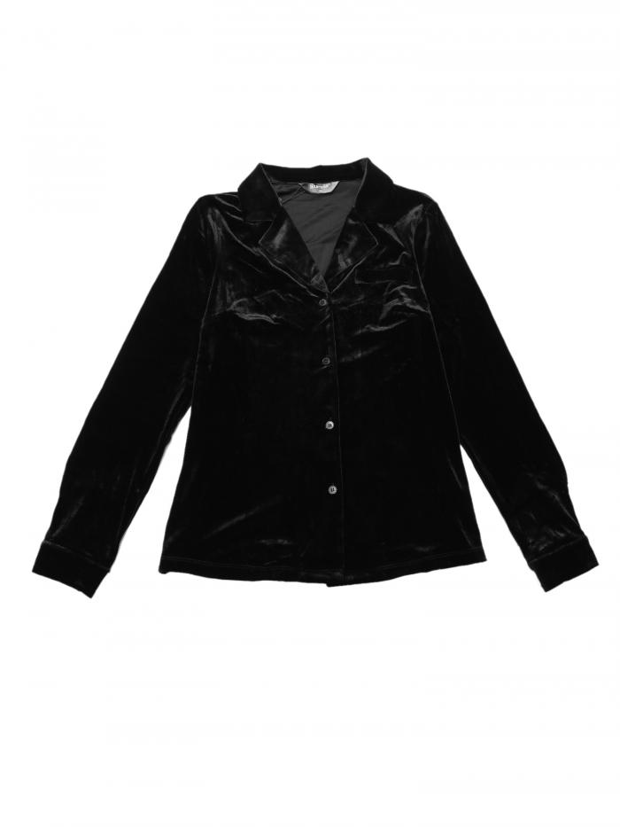 Allegra K シャツ トップス V ネック長袖 ボタン ダウン レトロ ベルベット レディース ブラック M