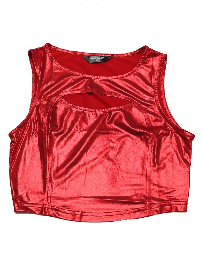 Allegra K タンクトップ クロップトップ 光沢 メタリック ノースリーブ カットアウト パーティー レディース レッド L