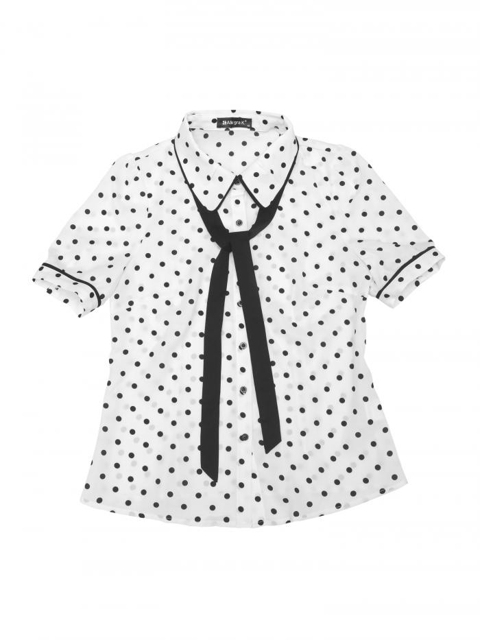 Allegra K ブラウス レディース 半袖 シフオンブラウス 折り襟 リボン シャツ パフスリーブ オフィス カジュアル トップス 着痩せ おしゃれ 通勤 OL 水玉模様 ホワイト XL