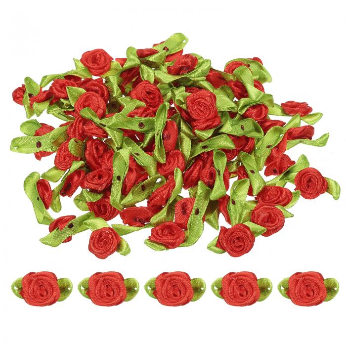 PATIKIL ミニリボンバラ 100個セット 赤色 緑 葉付き サテン生地 小さな花 手作りクラフト ミシン ウェディング用途に最適です。