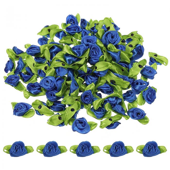 PATIKIL ミニリボンバラ 100個セット 青色 緑 葉付き サテン生地 小さな花 DIYクラフト ミシン ウェデ..