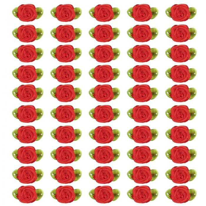 PATIKIL 15mm 小さなサテンリボンローズ 300個 生地 花飾り 緑 葉と一緒に DIYクラフトウェディングデコレーションに最適 赤色