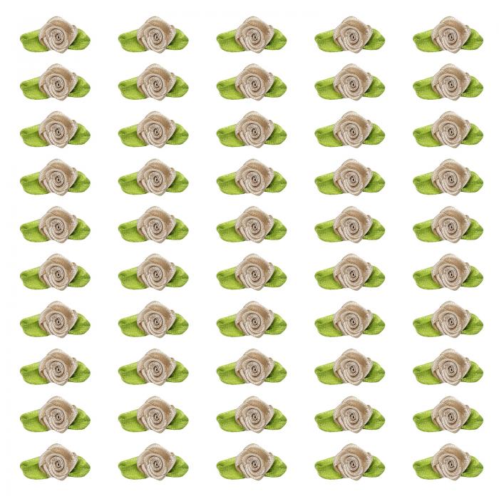 PATIKIL 15mm 小さなサテンリボンローズ 300個 生地 花飾り アップリケ 緑 葉付き DIYクラフト ウェディングデコレーション ベージュ