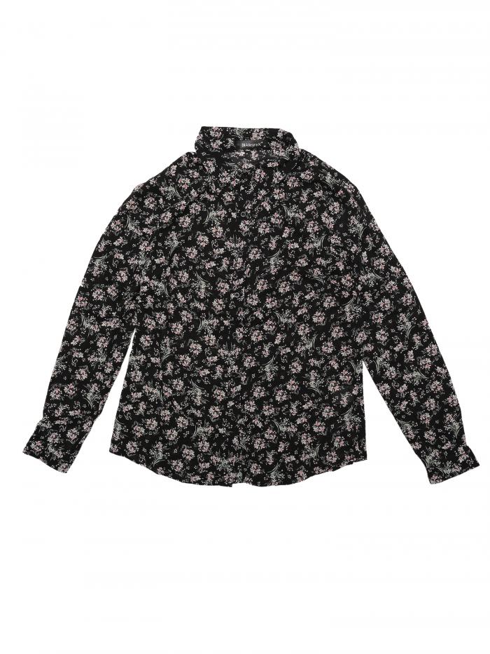 Allegra K 花柄シャツ ブラウス 長袖 おしゃれ ボタンダウン 通勤 オフィス カジュアル レディース ブラック1 XS