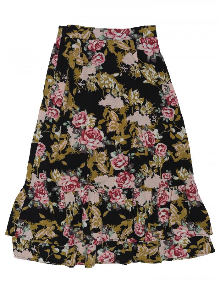 Allegra K ティアードスカート 花柄 aライン フリル裾 ミディ ミモレ丈 ウェストゴム レディース ブラックピンク 花柄 S