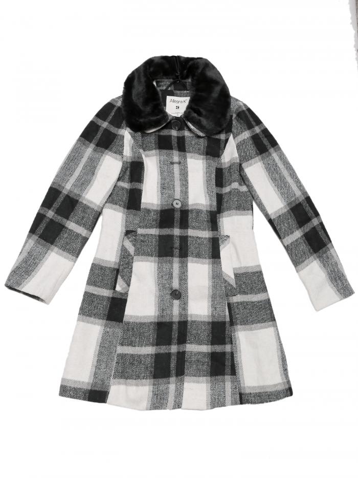 Allegra K ロングコート チェック柄 格子縞 フェイクファーカラー 長袖 冬 レディース ブラックホワイト S