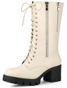 Allegra K 編み上げ ニーハイブーツ レースアップ ブーツ プラットフォーム チャンキーヒール レディース ベージュ 26.0 cm
