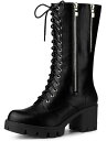 Allegra K 編み上げ ニーハイブーツ レースアップ ブーツ プラットフォーム チャンキーヒール レディース ブラック 25.5 cm