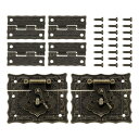 レトロなブロンズ合金製ラッチロック2個とエングレーブ入りヒンジ4個 66 x 55mmのラッチバックルとパターンヒンジ 24個のネジ付き 装飾用キャビネット小さ...