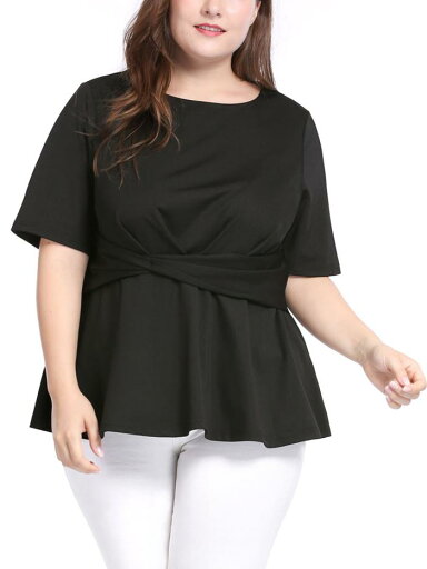 Agnes Orinda プラスサイズ 半袖シャツ ブラウス ペプラムトップ ツイストノットフロント バレンタイン レディース ブラック 3XL Agnes Orinda プラスサイズ 半袖シャツ ブラウス ペプラムトップ ツイストノットフロント バレンタイン レディース ブラック 3XL