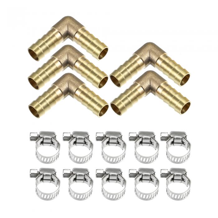 5セット入り 12mm 2ウェイ L形 ホースバーブ ブラス アダプタ 10クランプ付き 空気-水-ガス-オイルパイプ用