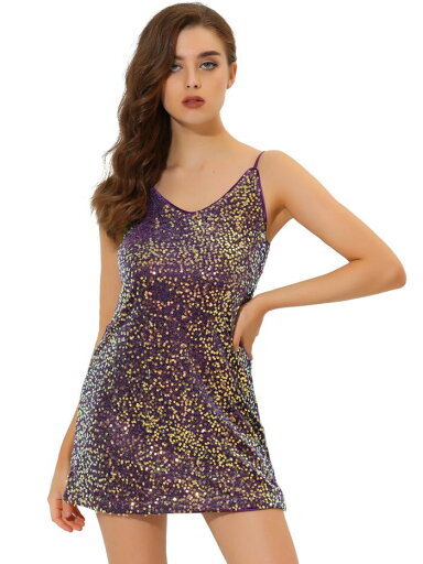 Allegra K スパンコール ミニドレス キャミワンピース パーティー ダンス 舞台 ステージ 衣装 レディース ダークパープル XS Allegra K スパンコール ミニドレス キャミワンピース パーティー ダンス 舞台 ステージ 衣装 レディース ダークパープル XS