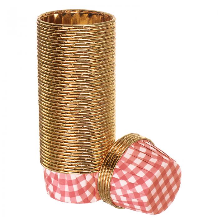 カップケーキカップ アルミホイル 標準 カップケーキライナー カップケーキベーキングカップ 誕生日パーティー 結婚式の装飾用 黄金色 レッド チェック柄 50個