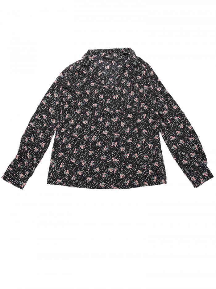 Allegra K シャツ トップス ボタンダウン Vネック ノッチドラペル 長袖 胸ポケット レディース ブラック 花柄 L