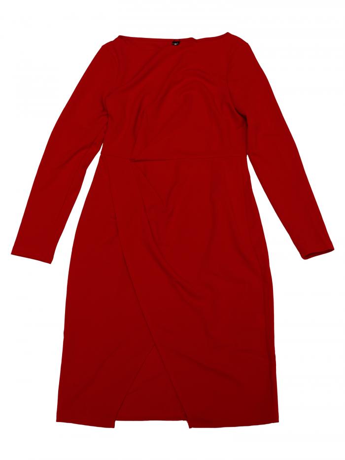 Allegra K レディース ボートネック ドレス 長袖 ルーシュ 仕事着 スプリットシースドレス レッド XL
